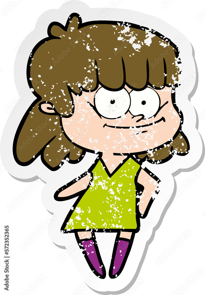 distressed sticker of a cartoon smiling woman distressed sticker of a cartoon smiling woman