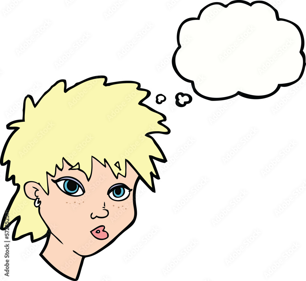 cartoon curious girl with thought bubble