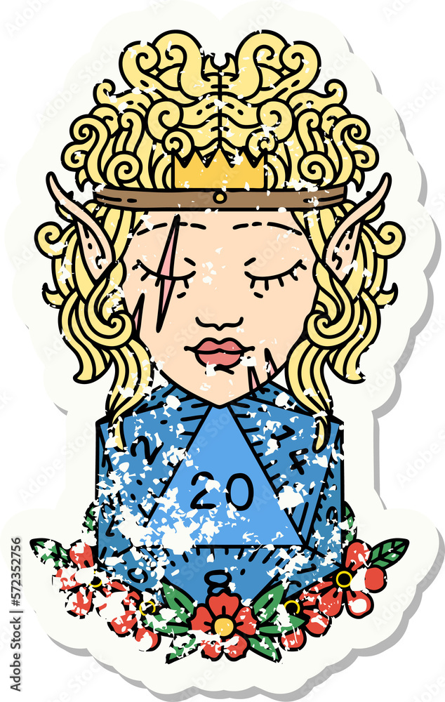 elf barbarian character with natural 20 dice roll grunge sticker elf barbarian character with natural 20 dice roll grunge sticker