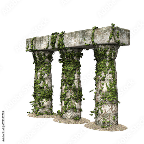 Estrutura de colunas élfica de pedra com trepadeiras verdes de lado elven photo