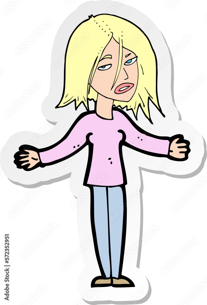 sticker of a cartoon woman shrugging shoulders sticker of a cartoon woman shrugging shoulders