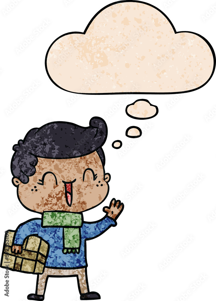 cartoon laughing boy and thought bubble in grunge texture pattern style cartoon laughing boy and thought bubble in grunge texture pattern style
