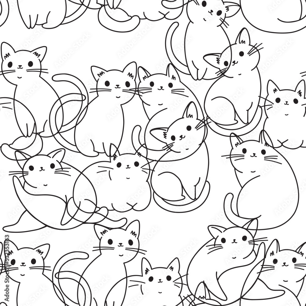 Obraz premium Seamless pattern with cartoon funny cats. Hand-drawn vector illustration on white. Animal art background. Perfect for design templates, wallpaper, wrapping, fabric and textile.