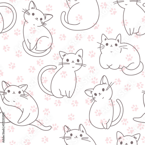 Seamless pattern with cartoon funny cats  and trace cat feet. Hand-drawn vector illustration on white. Animal art background. Perfect for design templates  wallpaper  wrapping  fabric and textile.