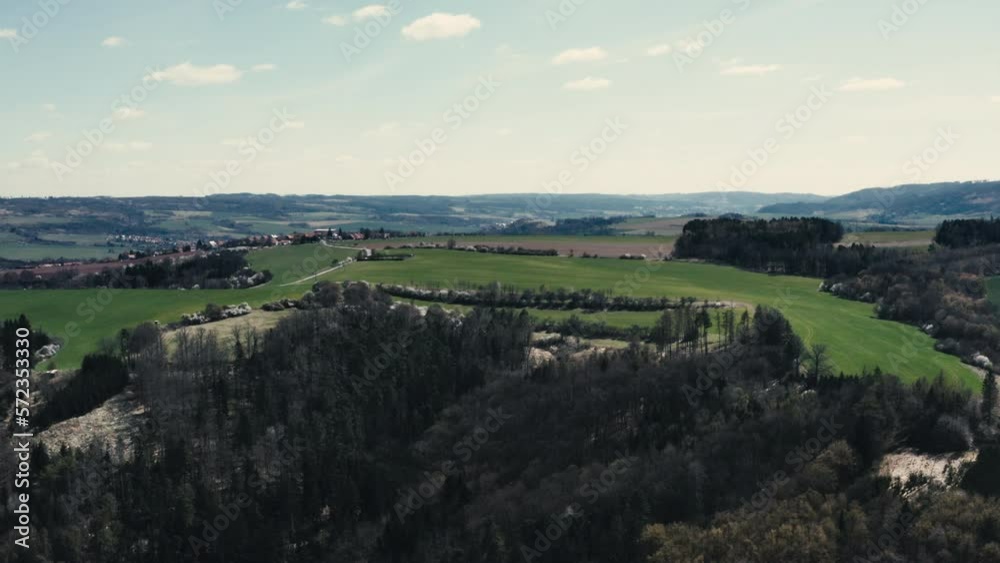 Mountain aerial, epic view. Aerial view of mountain landscape with morning fog, Tatra high mountains in the sunny morning after sunrise. Drone footage of misty forest and magical alpine scenery