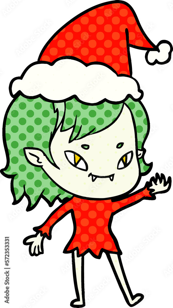 comic book style illustration of a friendly vampire girl wearing santa hat comic book style illustration of a friendly vampire girl wearing santa hat