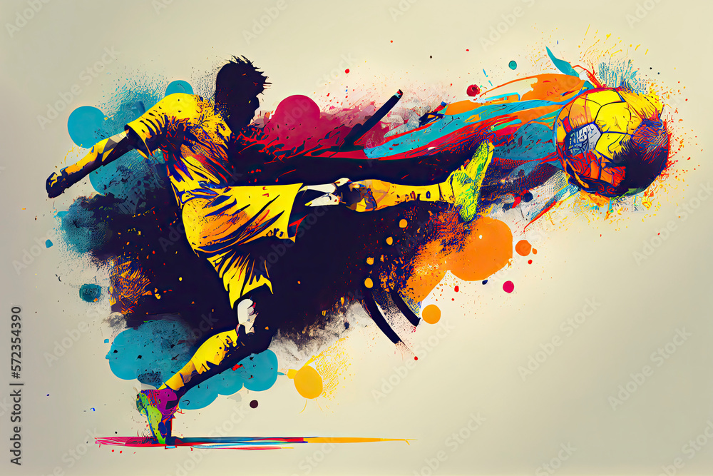 Soccer player kicks the ball. The colorful
