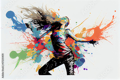 The dancing girl with colorful spots and splashes on a light bac