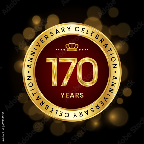 170th Anniversary Celebration. logo design with golden number and ring for anniversary celebration event, invitation, greeting card, banner, poster, flyer, brochure, book cover. Logo Vector Template