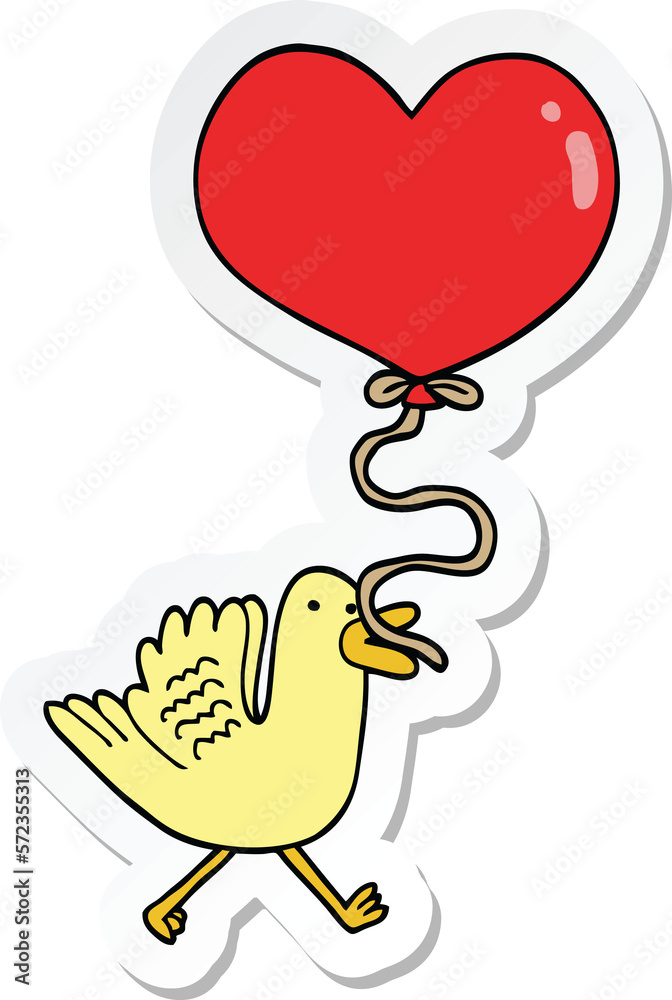 sticker of a cartoon bird with heart balloon sticker of a cartoon bird with heart balloon
