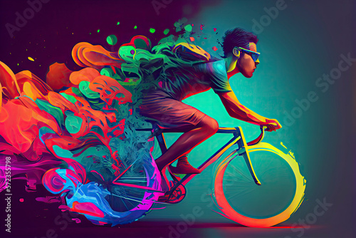 young man riding a bicycle with a colorful energy, digital art style © surassawadee
