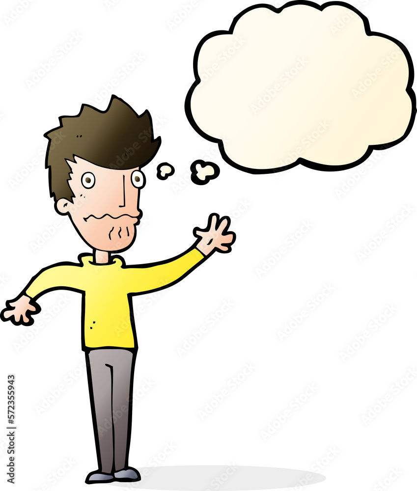cartoon worried man reaching out with thought bubble cartoon worried man reaching out with thought bubble