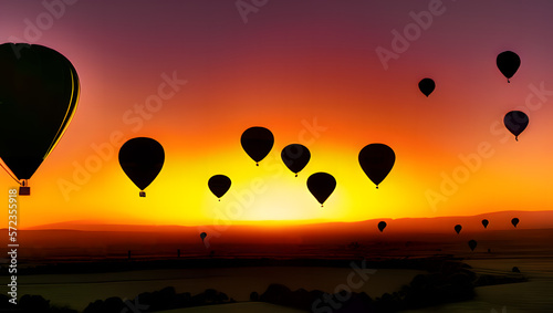 A group of hot air balloons floating over a picturesque landscape at sunrise or sunset, with dramatic lighting with Generative AI