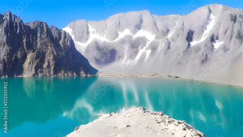 A crystal-clear lake surrounded by towering mountains and a bright blue sky, with perfect lighting with Generative AI