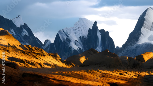 A dramatic and imposing mountain range, with sharp details and perfect lighting to highlight its grandeur with Generative AI