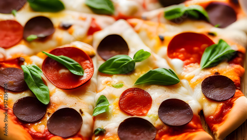 A close-up of a mouth-watering and delicious-looking pizza, with sharp details and perfect lighting to emphasize its texture  with Generative AI