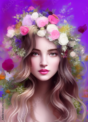 Painting of a beautiful woman s face  Portrait of a beautiful woman. with flowers