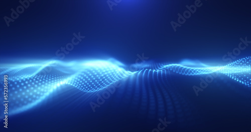Abstract glowing blue magic energy wave from particles and dots bright shiny on a dark blue background. Abstract background