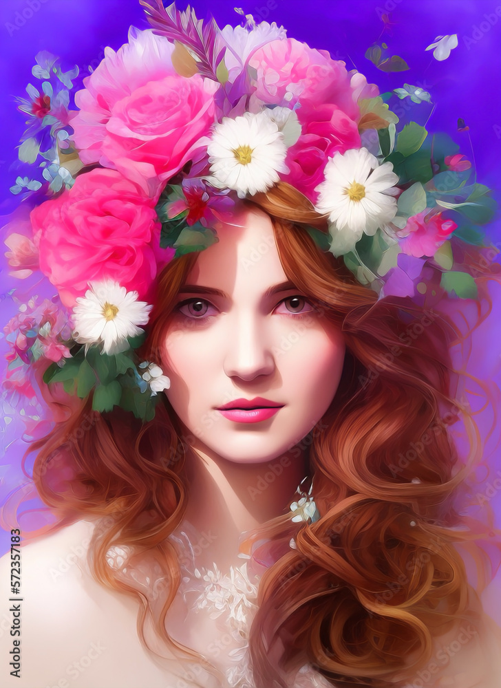 Portrait of a beautiful woman, Digital painting of a beautiful girl, Digital illustration of a female face. with flowers