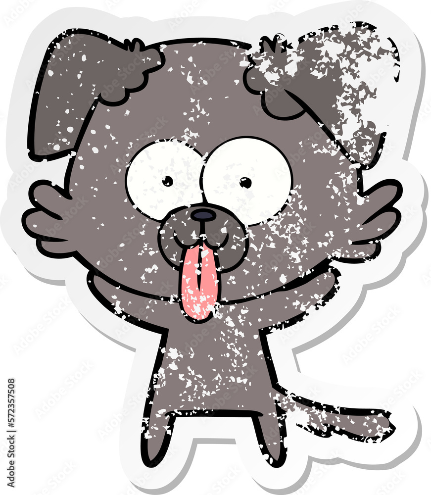distressed sticker of a cartoon dog with tongue sticking out