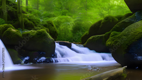 A serene and peaceful waterfall flowing through a lush forest, with soft, diffused lighting and natural colors  with Generative AI