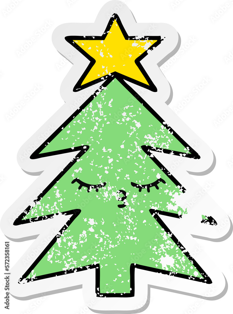 distressed sticker of a cute cartoon christmas tree distressed sticker of a cute cartoon christmas tree