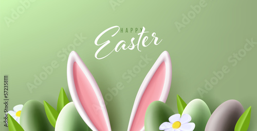 Easter greeting card with bunny ears, colourful eggs and flowers on the bottom of the creen, 3d render modern illuatration