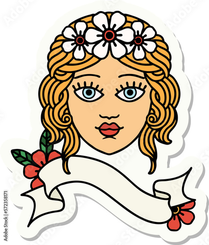 tattoo sticker with banner of female face with crown of flowers