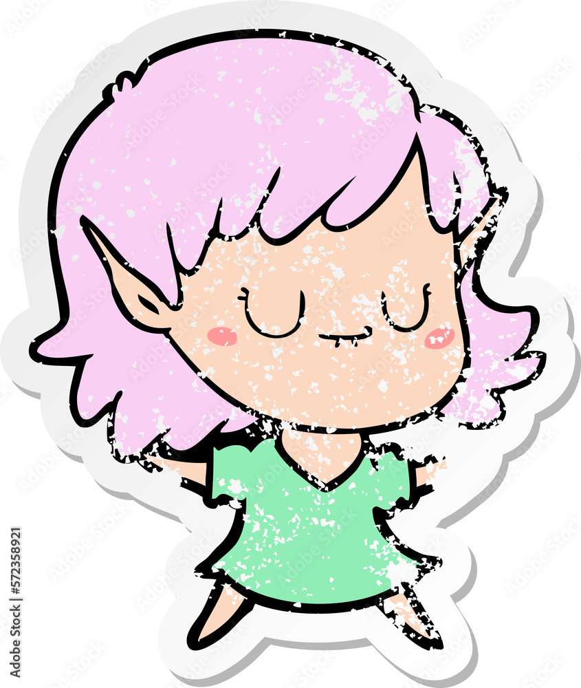 distressed sticker of a happy cartoon elf girl distressed sticker of a happy cartoon elf girl
