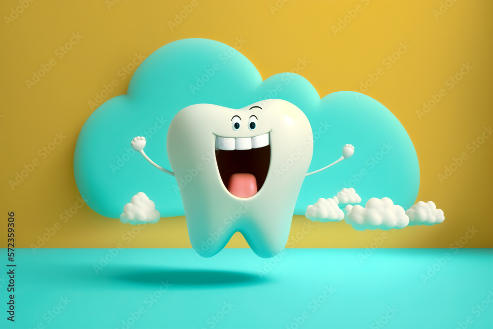 Cheerful tooth on a light background, with copy space. Clean and healthy teeth concept. Generative ai