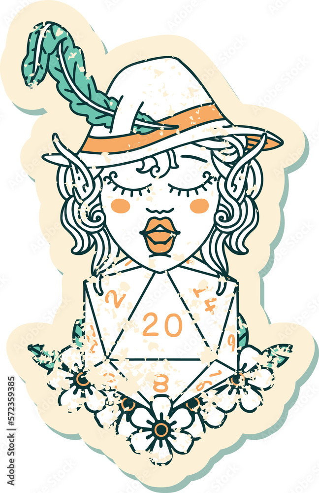 elf bard character with natural twenty dice roll illustration