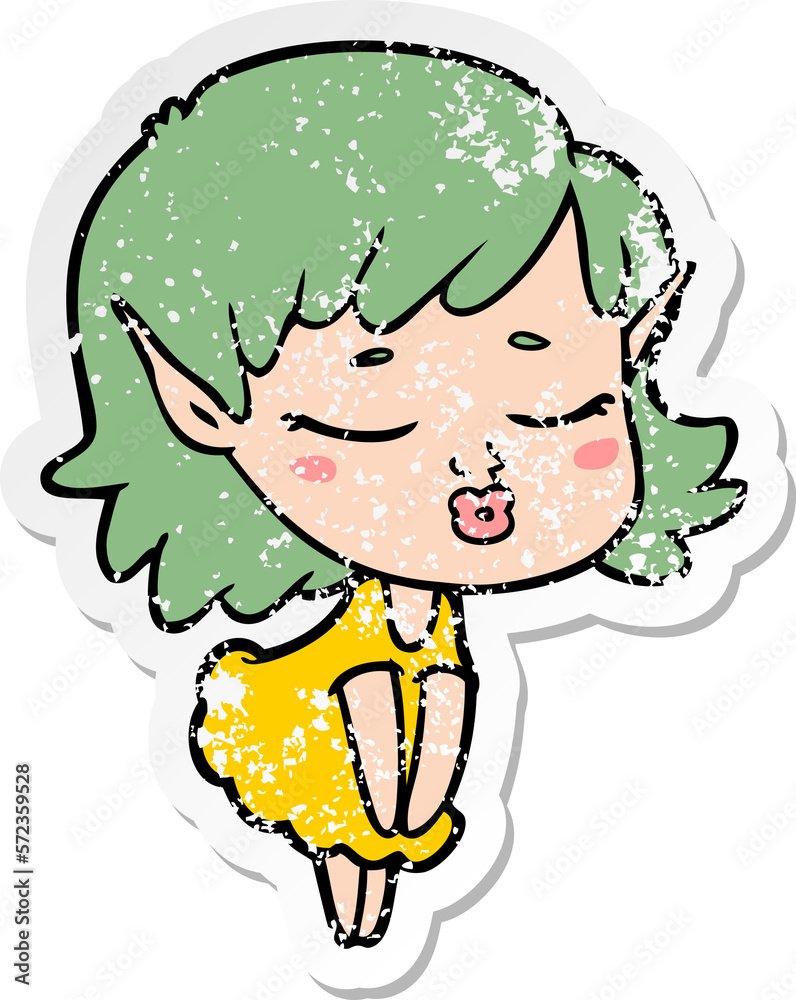 distressed sticker of a pretty cartoon elf girl distressed sticker of a pretty cartoon elf girl