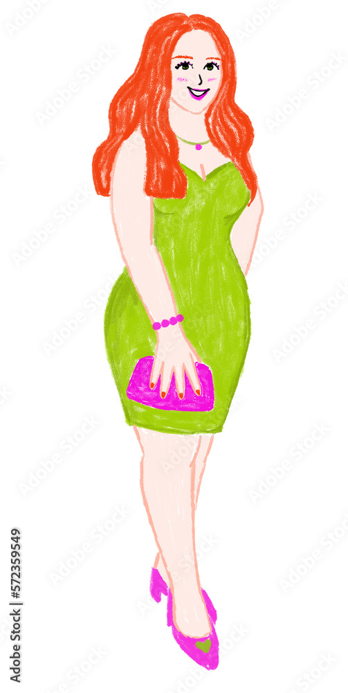 Hand drawn isolated red hair woman with green dress on transparent background.