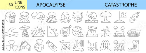 Set icons as Apocalypse, Catastrophe, cataclysm floods, hurricanes, tornadoes, volcanic eruption. Natural disasters, pollution editable stroke Vector illustration