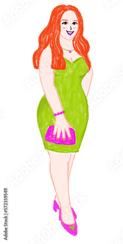 Hand drawn isolated red hair woman with green dress on transparent background.
