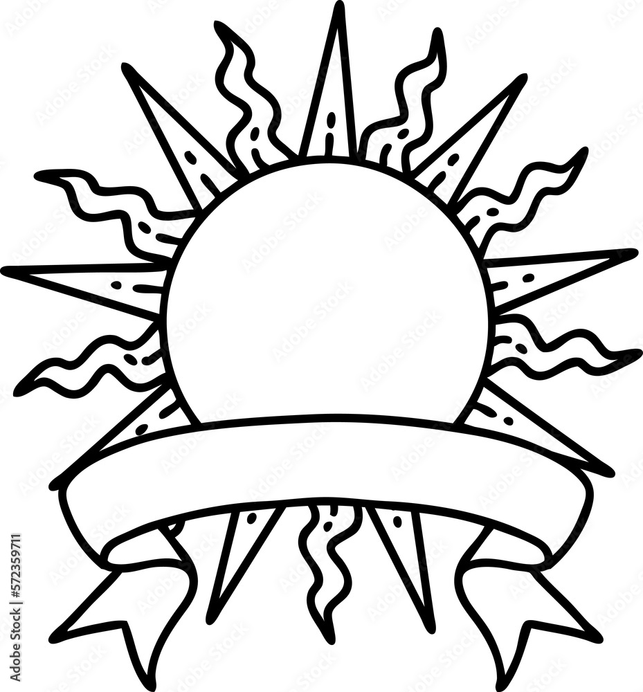 black linework tattoo with banner of a sun