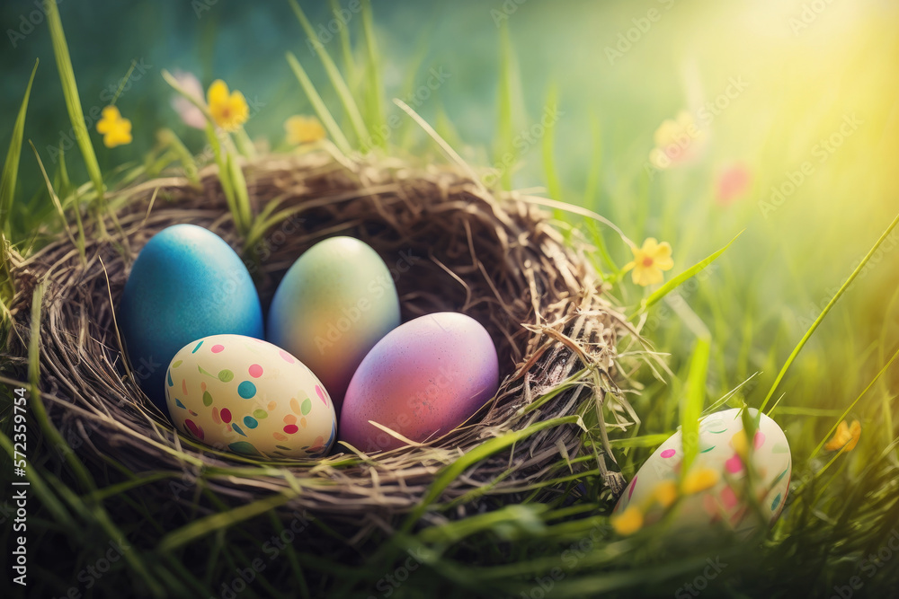 Easter colored eggs in a nest. Generative AI Easter colored eggs in a nest. Generative AI