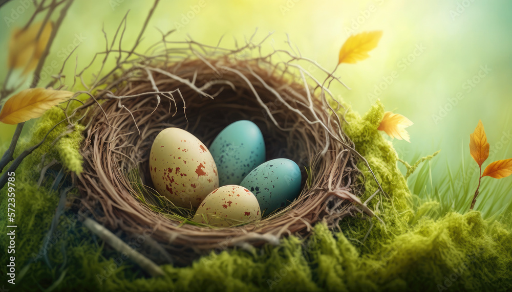 Easter colored eggs in a nest. Generative AI Easter colored eggs in a nest. Generative AI