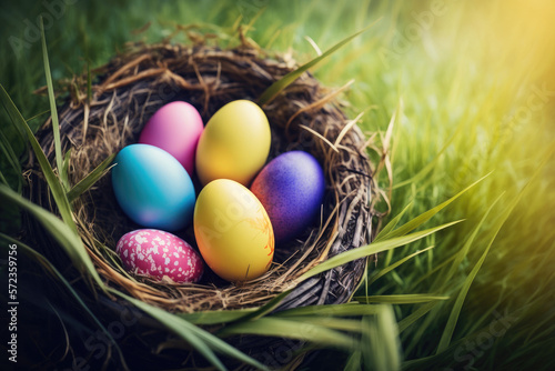 Easter colored eggs in a nest. Generative AI