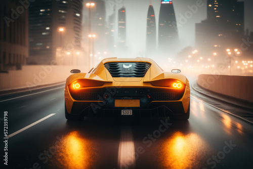 Yellow supercar driving on the road in the urban area at night, Generative AI