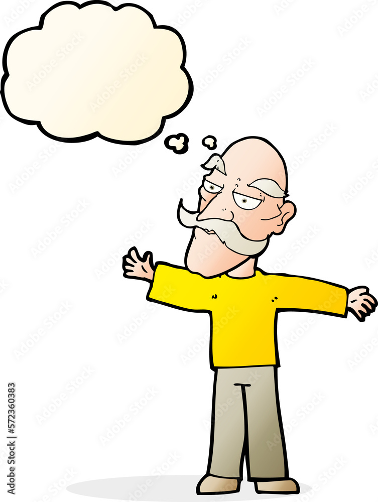 cartoon old man spreading arms wide with thought bubble
