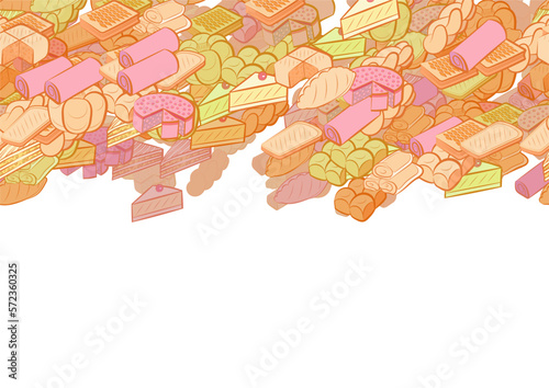Background pattern abstract design texture. Bakery products. Horizontal seamless stripe. Border frame, transparent background. Theme is about common, cheese, divided, strudel, saturated with filling