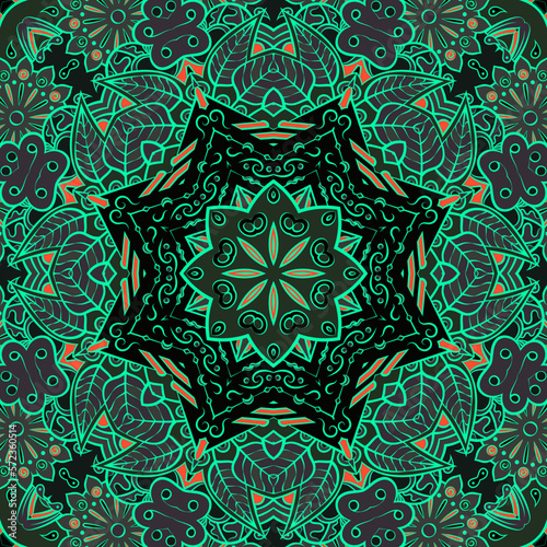 Seamless tile texture. Tracery mehndi design image. Dark toxic colors. Ethnic doodle art. Curved doodling picture. Vector