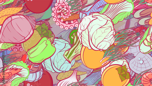 Background pattern abstract design texture. Seamless. Health food and Seafood. Theme is about satisfying, fetus, bitter, shrimp, healthy food, sea, nutritious, yummy, seafood, a stack, beet