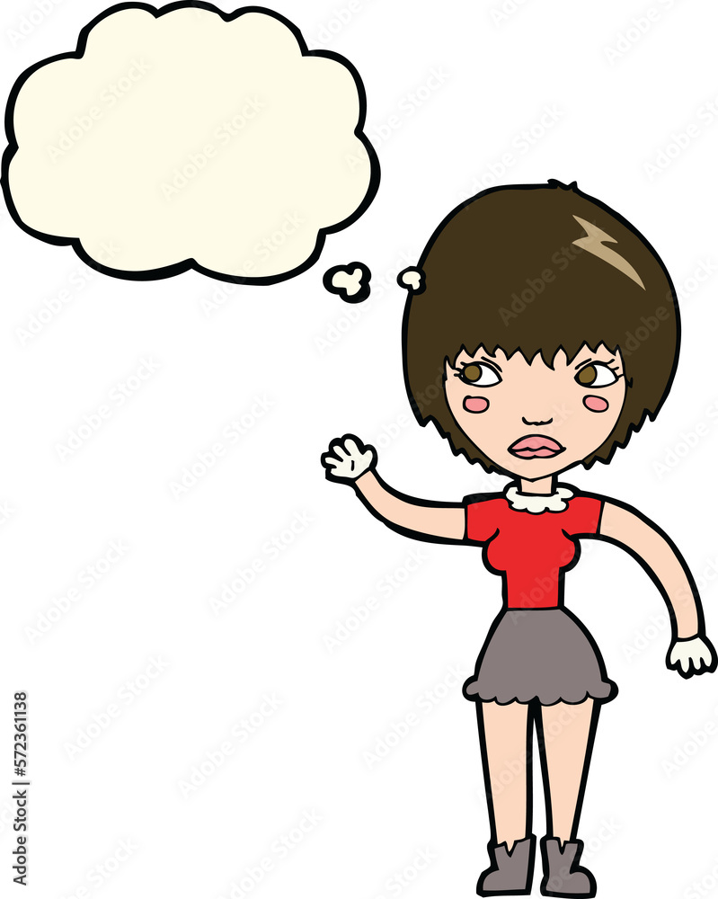 cartoon waving woman with thought bubble cartoon waving woman with thought bubble