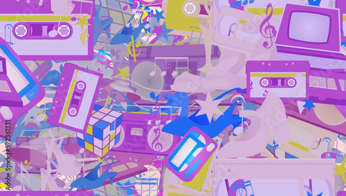 Background pattern abstract design texture. Seamless. Theme is about semibreve, commodore, cassette, glamour, graphic, fashion, sweets, walking shoes, clock, slingback shoes, style, shapes