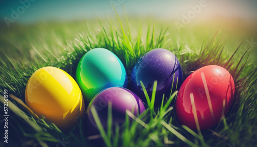 Colorful easter eggs in grass. Generative AI
