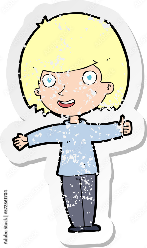 retro distressed sticker of a cartoon happy woman retro distressed sticker of a cartoon happy woman