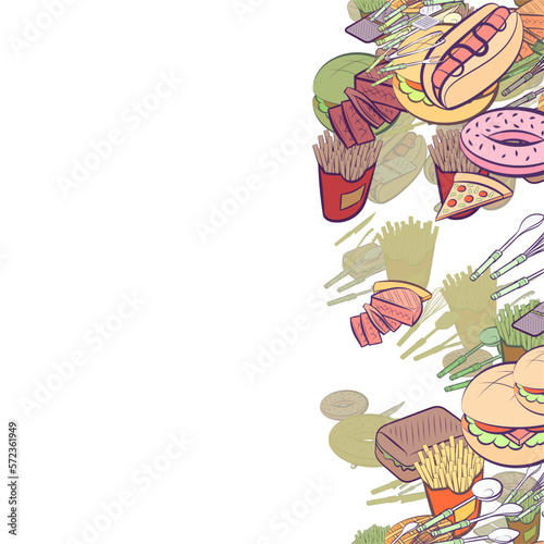 Background pattern abstract design texture. Cutlery and American food. Vertical seamless stripe. Border frame, transparent background. Theme is about Potato Maker, waffles, scoop, meat fork