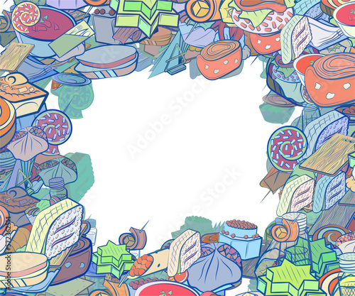 Background pattern abstract design texture. Table setting and Snacks. Border frame, transparent background. Theme is about sausage, rice, loaf, onigiri, sweetness, saucer, cutting board